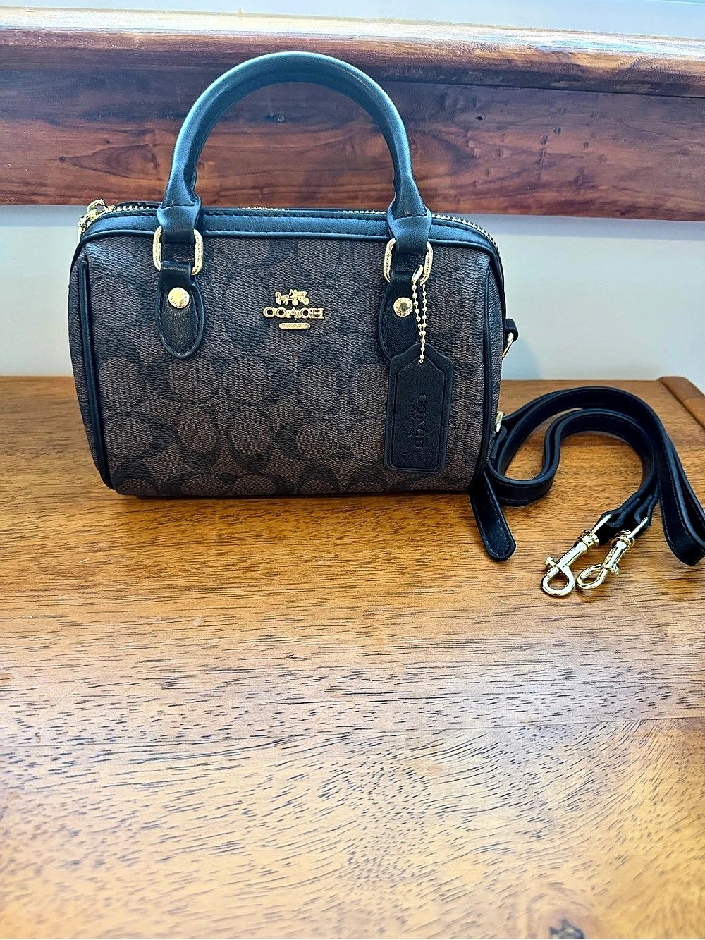 Coach Mini Rowan Crossbody Bag in Signature Canvas Brown & Black Satchel